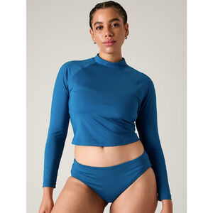 Athleta M dark lapis blue North Point Crop Rash Guard swim bathing suit top UPF